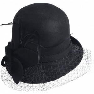 Bucket Hats Women's Wool Church Dress Cloche Hat Plumy Felt Bucket Winter Hat - Veil-black - CG12NEK28Y3 $45.84