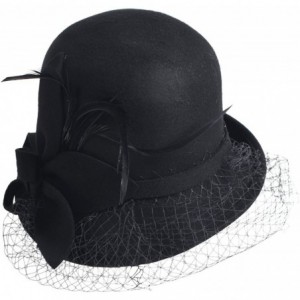 Bucket Hats Women's Wool Church Dress Cloche Hat Plumy Felt Bucket Winter Hat - Veil-black - CG12NEK28Y3 $30.14