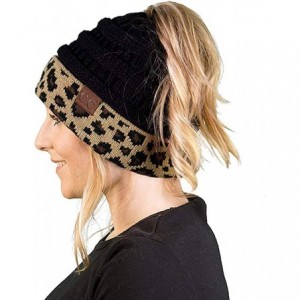 Skullies & Beanies Beanie Ponytail Beanie Messy bun Beanie Soft Warm Cable Winter Chunky Skull Cap - Leopard Black - CY192H7O...