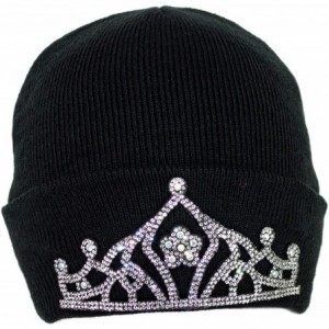 Skullies & Beanies Warm Winter Black Knit Cuffed Toboggan Beanie Hat with Bling Tiara Crown for Women - CA18ZR9H8NC $37.86