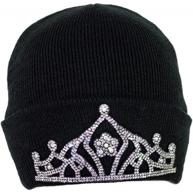 Skullies & Beanies Warm Winter Black Knit Cuffed Toboggan Beanie Hat with Bling Tiara Crown for Women - CA18ZR9H8NC $18.71