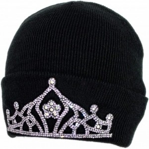 Skullies & Beanies Warm Winter Black Knit Cuffed Toboggan Beanie Hat with Bling Tiara Crown for Women - CA18ZR9H8NC $18.71