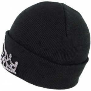 Skullies & Beanies Warm Winter Black Knit Cuffed Toboggan Beanie Hat with Bling Tiara Crown for Women - CA18ZR9H8NC $18.71