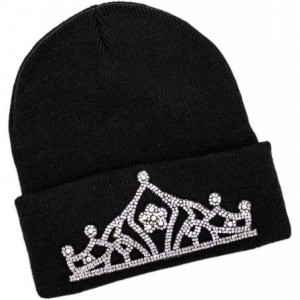 Skullies & Beanies Warm Winter Black Knit Cuffed Toboggan Beanie Hat with Bling Tiara Crown for Women - CA18ZR9H8NC $18.71