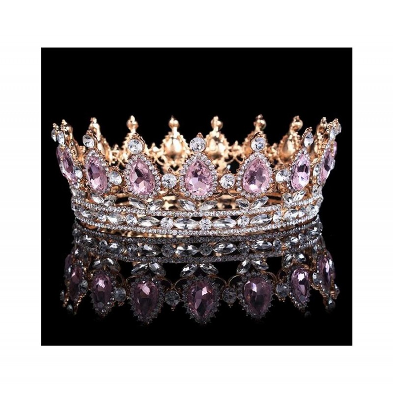 Headbands Vintage Wedding Crystal Rhinestone Crown Bridal Queen King Tiara Crowns-Gold pink - Gold pink - C218WU59Q3H $115.76