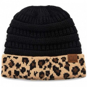 Skullies & Beanies Beanie Ponytail Beanie Messy bun Beanie Soft Warm Cable Winter Chunky Skull Cap - Leopard Black - CY192H7O...