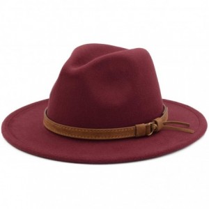 Fedoras Classic Wide Brim Women Men Fedora Hat with Belt Buckle Felt Panama Hat - Wine Red - CM18ZCQELH3 $15.03