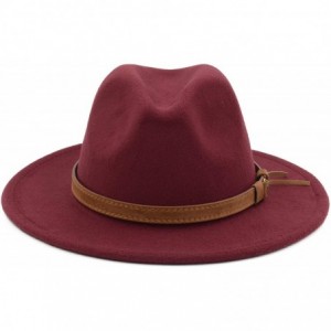 Fedoras Classic Wide Brim Women Men Fedora Hat with Belt Buckle Felt Panama Hat - Wine Red - CM18ZCQELH3 $15.03