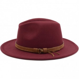 Fedoras Classic Wide Brim Women Men Fedora Hat with Belt Buckle Felt Panama Hat - Wine Red - CM18ZCQELH3 $15.03
