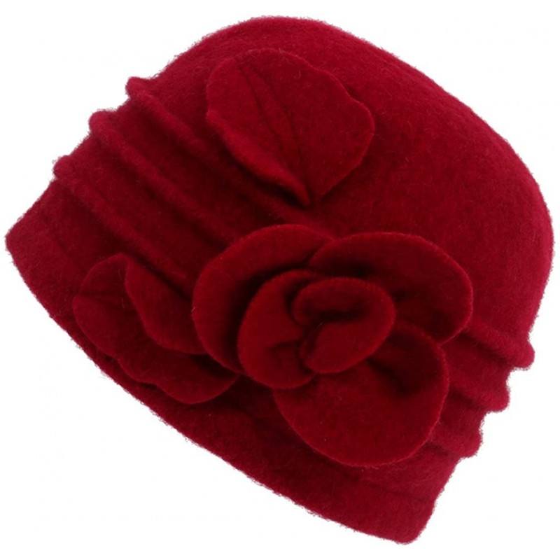 Bucket Hats Women's Winter Warm Wool Cloche Bucket Hat Slouch Wrinkled Beanie Cap with Flower - Red - CG186AMMYDT $25.29
