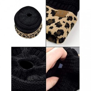 Skullies & Beanies Beanie Ponytail Beanie Messy bun Beanie Soft Warm Cable Winter Chunky Skull Cap - Leopard Black - CY192H7O...