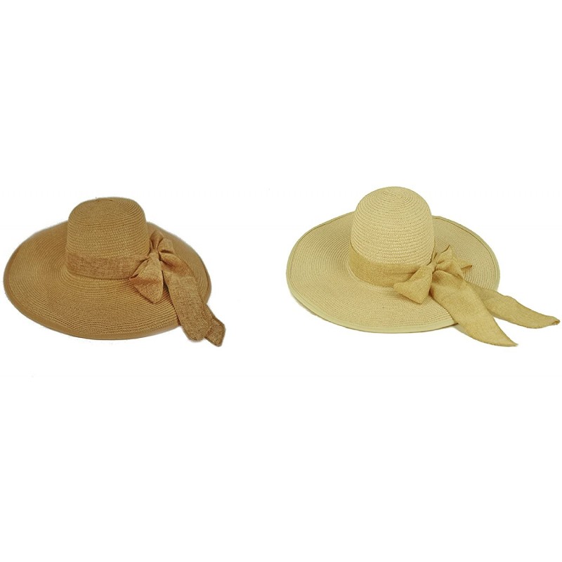 Sun Hats Women Cool Summer Floppy Wide Brim Straw Hat with Ribbon 964SH - Brown & Natural - CS11YXGCWVT $21.48