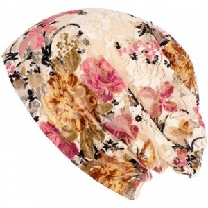 Baseball Caps Women Floral Lace Beanie Hat Chemo Cap Stretch Turban Hat Head Scarf Wrap - Beige - CB18HCWYKE3 $6.97