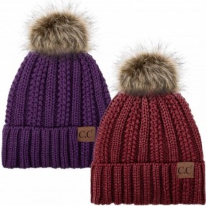 Skullies & Beanies Thick Cable Knit Hat Faux Fur Pom Fleece Lined Cap Cuff Beanie 2 Pack - Burgundy/Purple - CT1924ARRKM $20.81