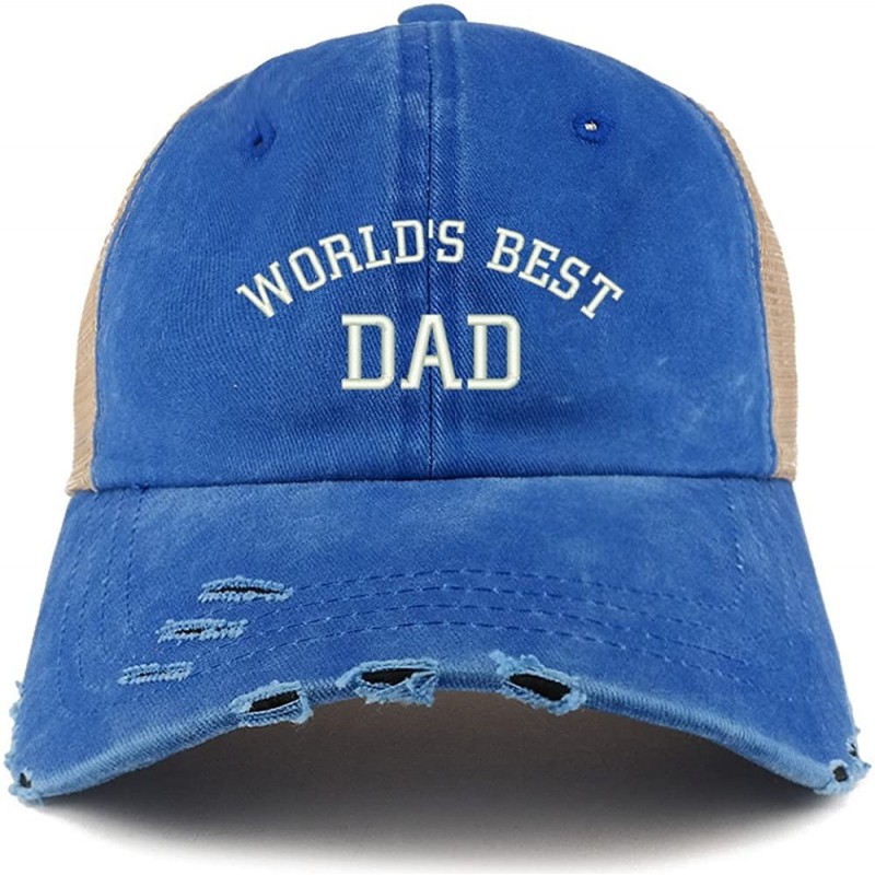 Baseball Caps World's Best Dad Embroidered Frayed Bill Trucker Mesh Back Cap - Royal - C918CWX5YQ0 $13.52