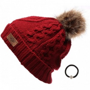 Skullies & Beanies Women's Winter Fleece Lined Cable Knitted Pom Pom Beanie Hat with Hair Tie. - Red - CO12N22AERH $24.41