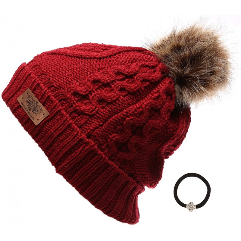 Skullies & Beanies Women's Winter Fleece Lined Cable Knitted Pom Pom Beanie Hat with Hair Tie. - Red - CO12N22AERH $13.17