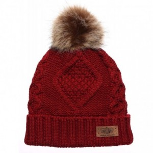 Skullies & Beanies Women's Winter Fleece Lined Cable Knitted Pom Pom Beanie Hat with Hair Tie. - Red - CO12N22AERH $13.17
