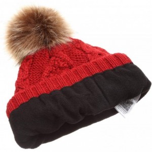 Skullies & Beanies Women's Winter Fleece Lined Cable Knitted Pom Pom Beanie Hat with Hair Tie. - Red - CO12N22AERH $13.17