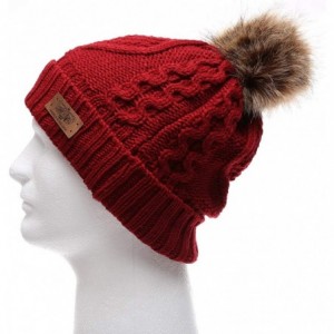 Skullies & Beanies Women's Winter Fleece Lined Cable Knitted Pom Pom Beanie Hat with Hair Tie. - Red - CO12N22AERH $13.17