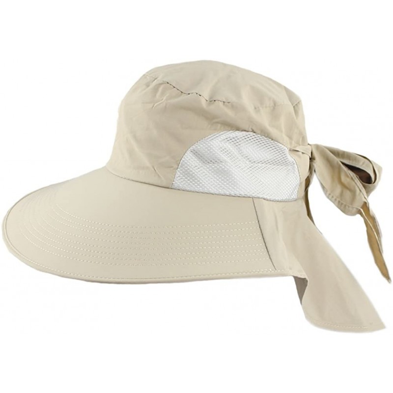Sun Hats Women Wide Brim Floppy Mesh Beach Travel Sun Bowknot Face Neck UV Hat Visor Cap - Khaki - CN12D7V44NJ $15.62