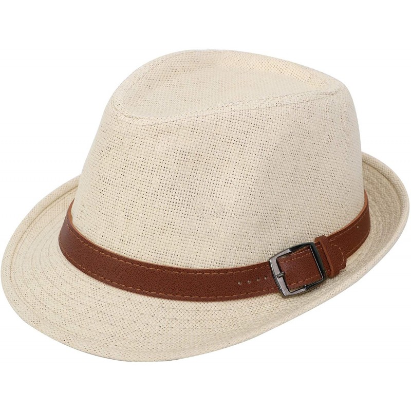 Visors Beach Straw Fedora Hat w/Solid Hat Band for Men & Women - Natural Hat Brown Belt - CF17X6X00LT $18.62