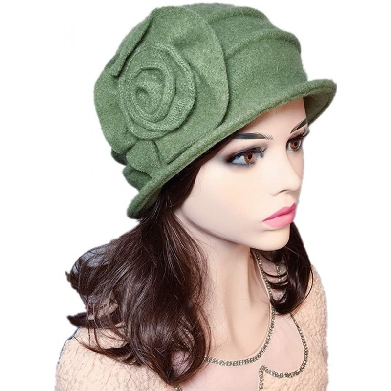 Bucket Hats Flower 100% Wool Dome Bucket Hat Winter Cloche Hat Fedoras Derby Hat - D-green - CX18HEHWIA3 $14.17