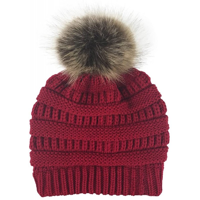 Skullies & Beanies Womens Knit Cap Winter Warm Crochet Knit Faux Fur Pom Pom Beanie Hat - Wine - C318I9LOCR9 $7.48