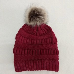 Skullies & Beanies Womens Knit Cap Winter Warm Crochet Knit Faux Fur Pom Pom Beanie Hat - Wine - C318I9LOCR9 $7.48