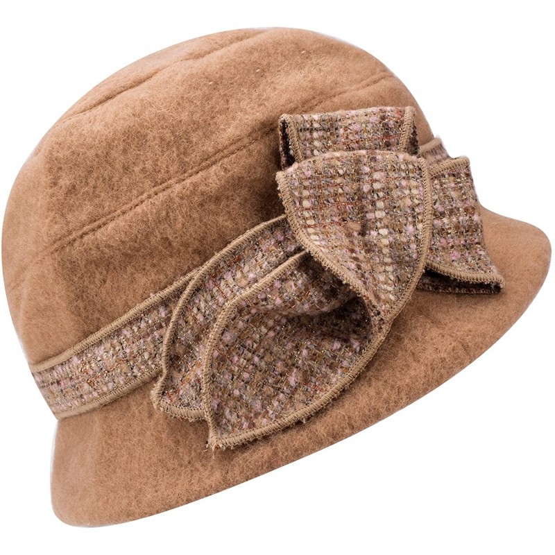 Bucket Hats Womens 1920s Gatsby Wool Flower Band Beret Beanie Cloche Bucket Hat A374 - Camel - CK12M2Q22MF $15.09