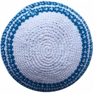 Skullies & Beanies White/Sky Blue Lines 17cm DMC 100% Knitted Cotton Kippah Torah Chabad Yarmulke - CM12MYPQGGW $11.01