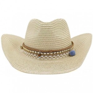 Cowboy Hats Women's Woven Straw Cowboy Hat w/Beaded Trim Band Hat Beach Holiday Sun Hats - A Beige - CQ18SYTQC5Y $31.71