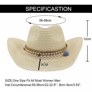 Cowboy Hats Women's Woven Straw Cowboy Hat w/Beaded Trim Band Hat Beach Holiday Sun Hats - A Beige - CQ18SYTQC5Y $11.30