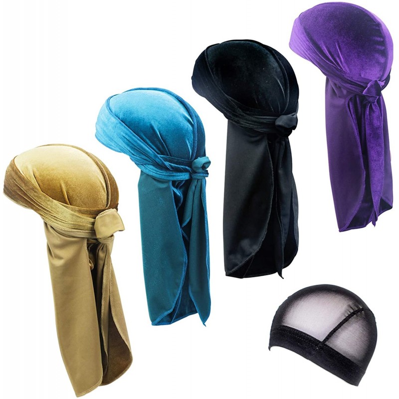 Skullies & Beanies 4 Pcs Unisex Velvet Durag Extra Long-Tail Du Rags Wide Straps for Men Waves - Style3 - C918Z2TUGY4 $13.11