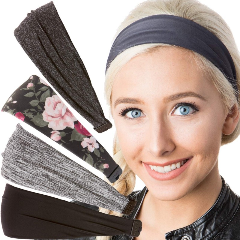 Headbands Adjustable Stretchy Printed Headbands - 5pk Black/Grey/Floral/Charocoal/Grey Xflex - CY197GH8W6Y $20.10