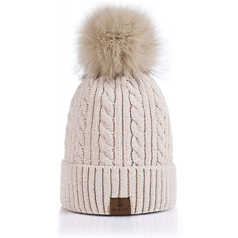 Skullies & Beanies Women Winter Pom Pom Beanie Hats Warm Fleece Lined-Chunky Trendy Cute Chenille Knit Twist Cap - 2-beige-h ...