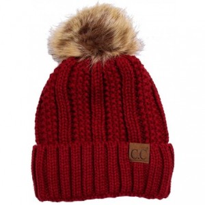 Skullies & Beanies Exclusive Knitted Hat with Fuzzy Lining with Pom Pom - Burgundy - C312K7GMB2D $18.24
