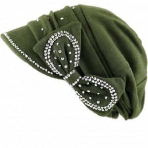 Skullies & Beanies Womens Knit Visor Beanie Cap with Ribbon and Rhinestone Hat - Olive - C2126IQR4WN $29.29
