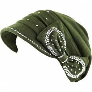 Skullies & Beanies Womens Knit Visor Beanie Cap with Ribbon and Rhinestone Hat - Olive - C2126IQR4WN $9.87