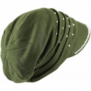Skullies & Beanies Womens Knit Visor Beanie Cap with Ribbon and Rhinestone Hat - Olive - C2126IQR4WN $24.68