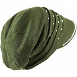 Skullies & Beanies Womens Knit Visor Beanie Cap with Ribbon and Rhinestone Hat - Olive - C2126IQR4WN $9.87