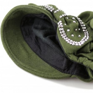 Skullies & Beanies Womens Knit Visor Beanie Cap with Ribbon and Rhinestone Hat - Olive - C2126IQR4WN $9.87