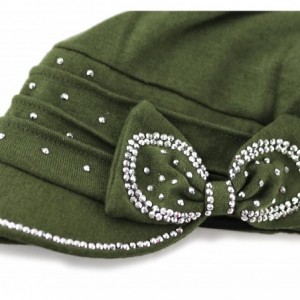 Skullies & Beanies Womens Knit Visor Beanie Cap with Ribbon and Rhinestone Hat - Olive - C2126IQR4WN $24.68