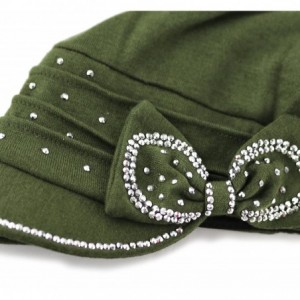 Skullies & Beanies Womens Knit Visor Beanie Cap with Ribbon and Rhinestone Hat - Olive - C2126IQR4WN $9.87