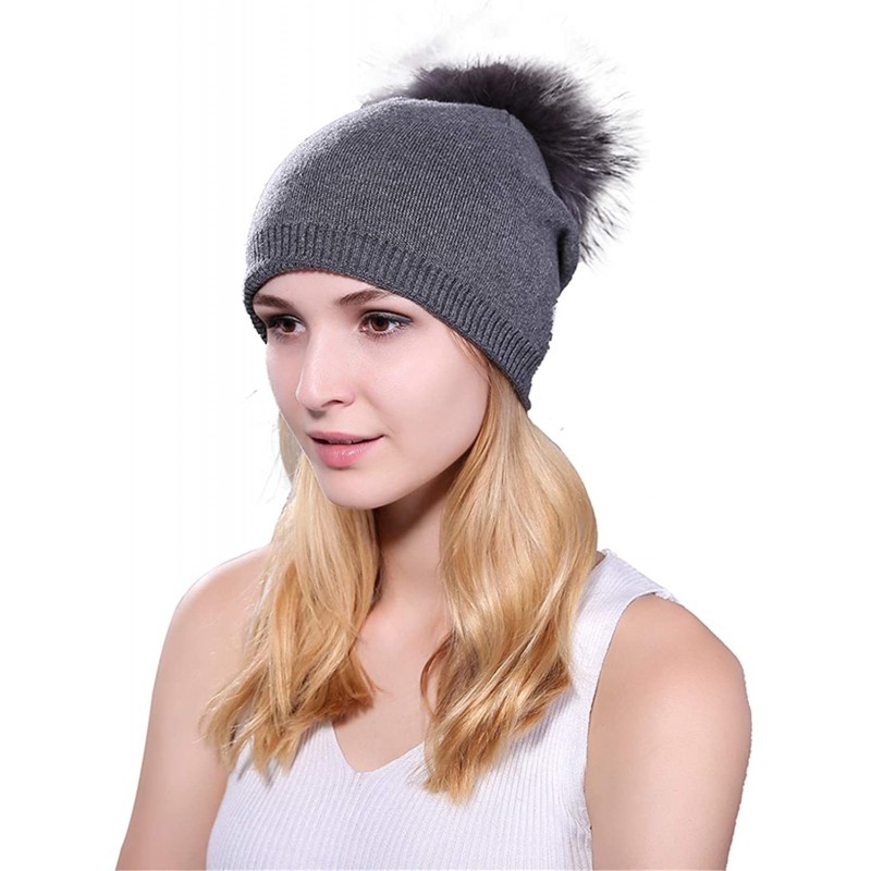 Skullies & Beanies Women Winter Kintted Beanie Hats with Real Fox Fur Pom Pom - Z-deep Grey 2 - CX18KE247QH $23.44