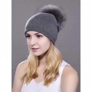 Skullies & Beanies Women Winter Kintted Beanie Hats with Real Fox Fur Pom Pom - Z-deep Grey 2 - CX18KE247QH $23.44