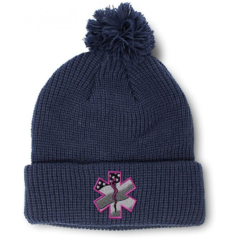 Skullies & Beanies Custom Pom Pom Beanie Paramedic Pink EMT Embroidery Acrylic - Navy - CH18A0EYCDH $13.87