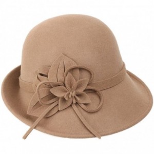 Fedoras Womens Elegant Double Flower 100% Wool Pillbox Hat Fascinator Hat Beanie Hat - Light Tan 1 - CS18GD7X98L $32.18