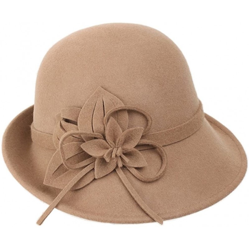 Fedoras Womens Elegant Double Flower 100% Wool Pillbox Hat Fascinator Hat Beanie Hat - Light Tan 1 - CS18GD7X98L $19.84