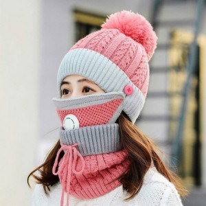 Skullies & Beanies Fleece Lined Knit Beanie Scarf Mouth Mask Set for Girl and Women Winter Ski Hat with Pompom - CX18ZE62CIO ...